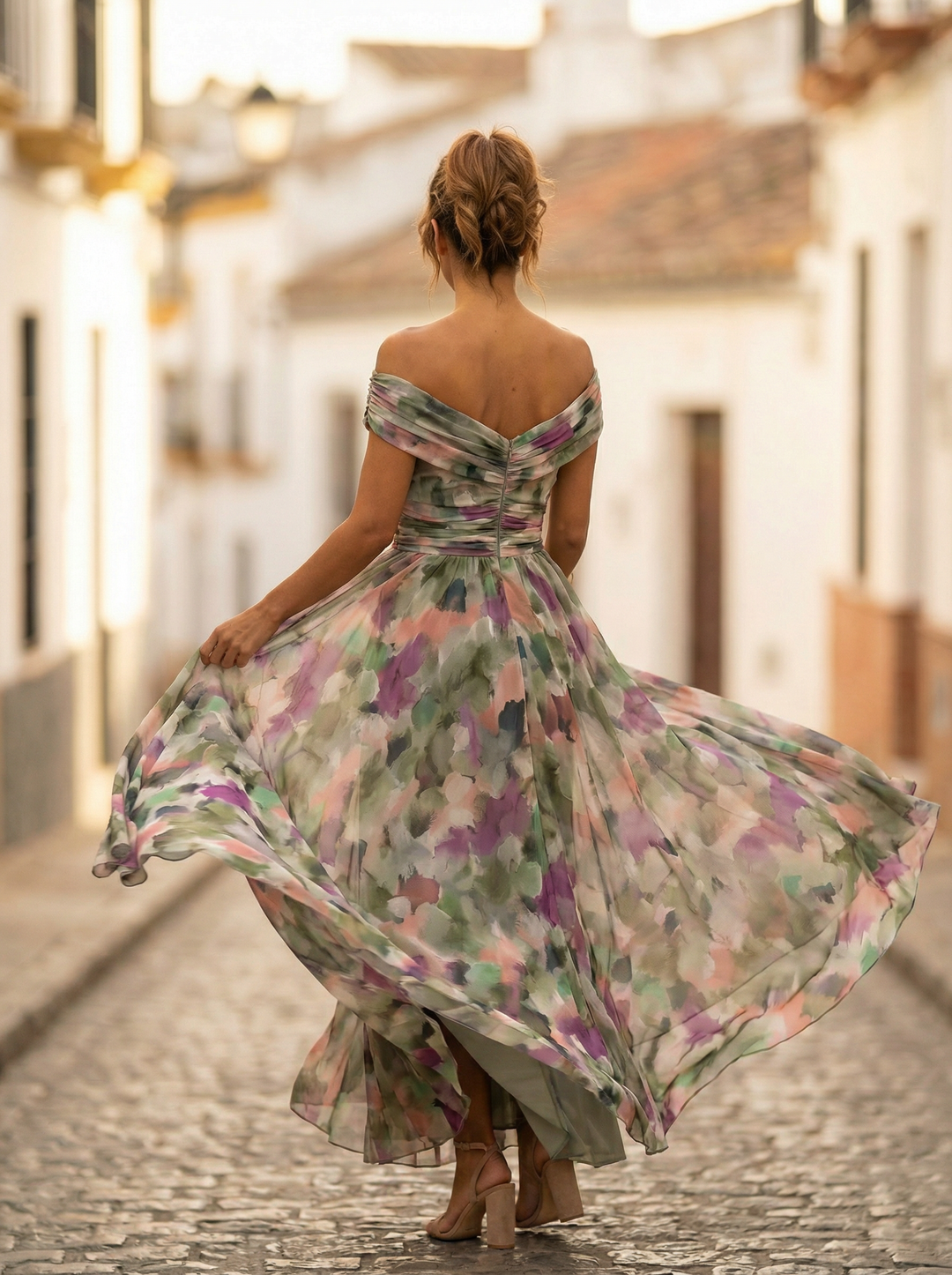 Womens Maxi Dress with Off Shoulder Neckline Gathered Waist and Drap