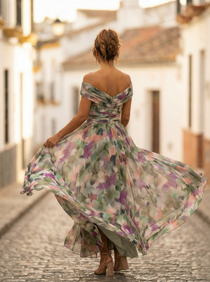Womens Maxi Dress with Off Shoulder Neckline Gathered Waist and Drap