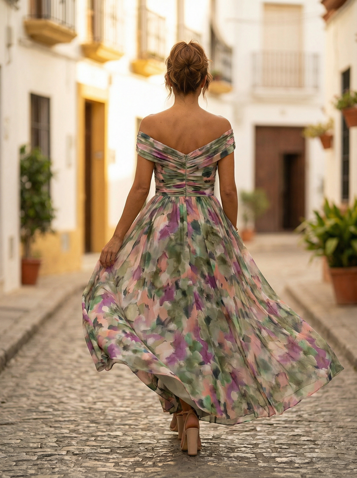 Womens Maxi Dress with Off Shoulder Neckline Gathered Waist and Drap