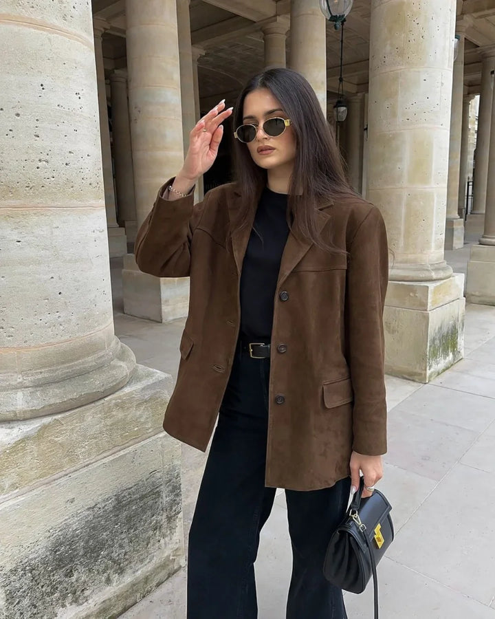 Womens Suede Blazer with Notch Lapel Button Front and Tailored Fit