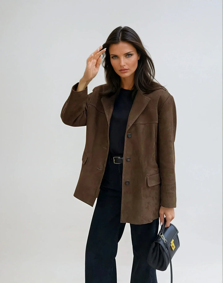 Womens Suede Blazer with Notch Lapel Button Front and Tailored Fit