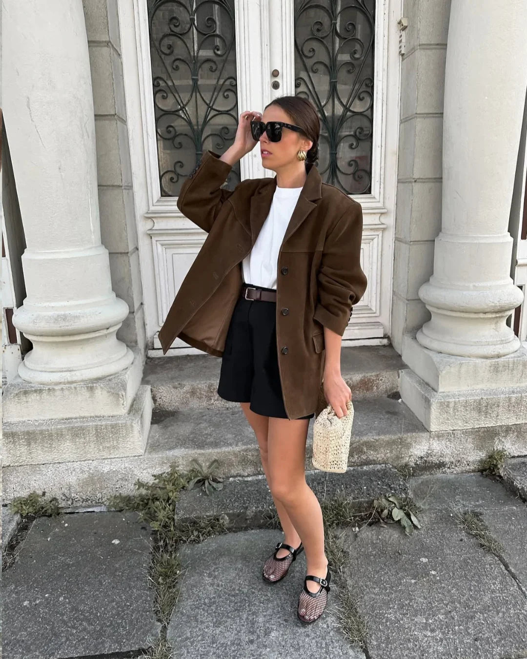 Womens Suede Blazer with Notch Lapel Button Front and Tailored Fit