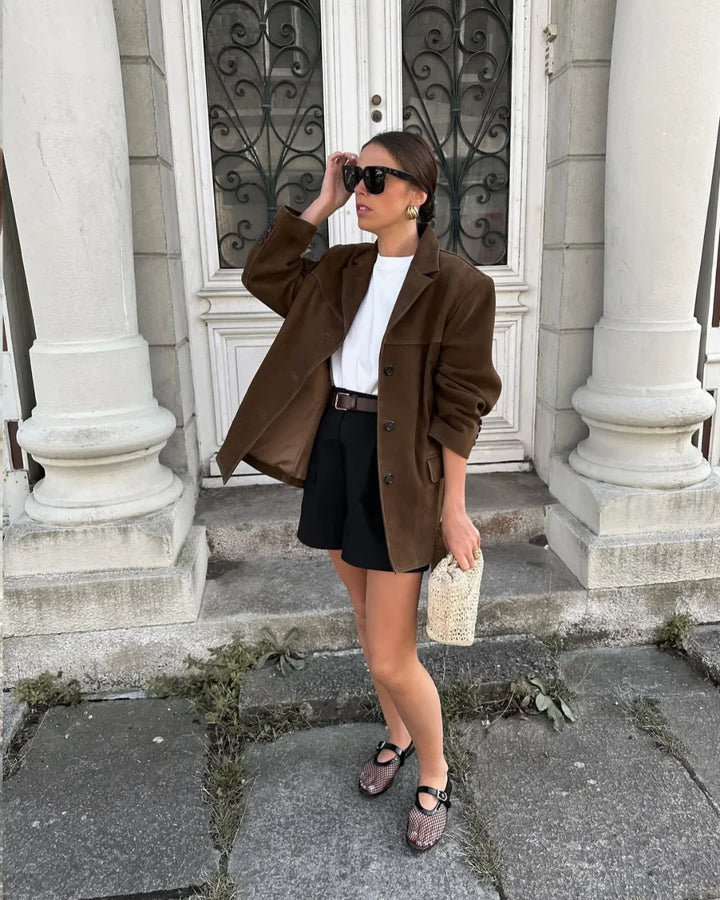 Womens Suede Blazer with Notch Lapel Button Front and Tailored Fit