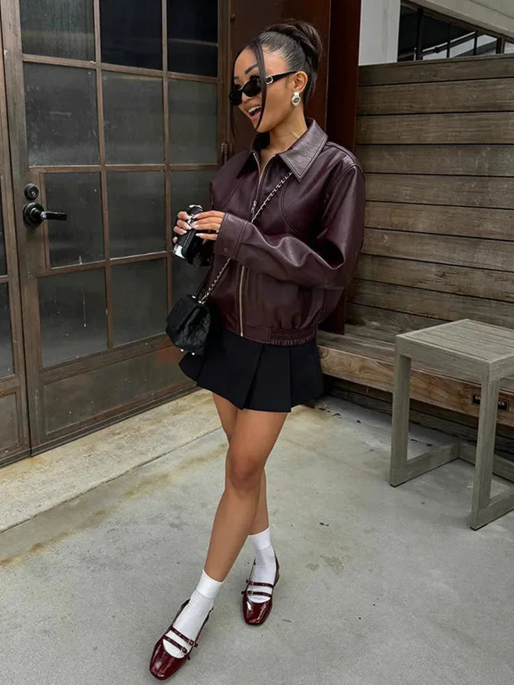 Women's Faux Leather Bomber Jacket with Collared Neck and Relaxed Fit