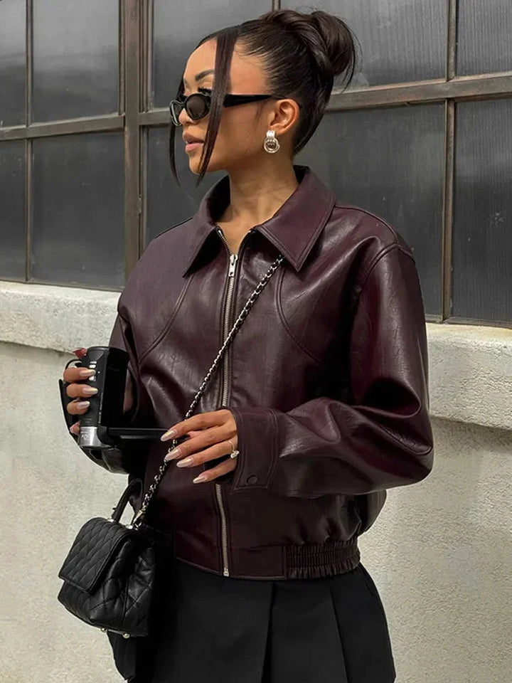 Women's Faux Leather Bomber Jacket with Collared Neck and Relaxed Fit