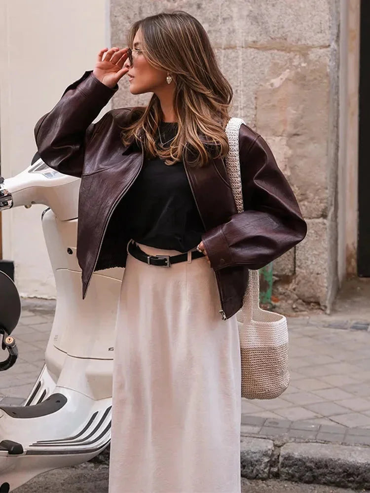 Women's Faux Leather Bomber Jacket with Collared Neck and Relaxed Fit