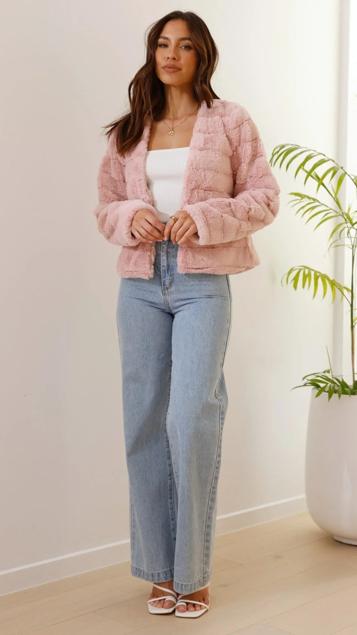 Women's Faux Fur Jacket with Open Front and Cropped Fit