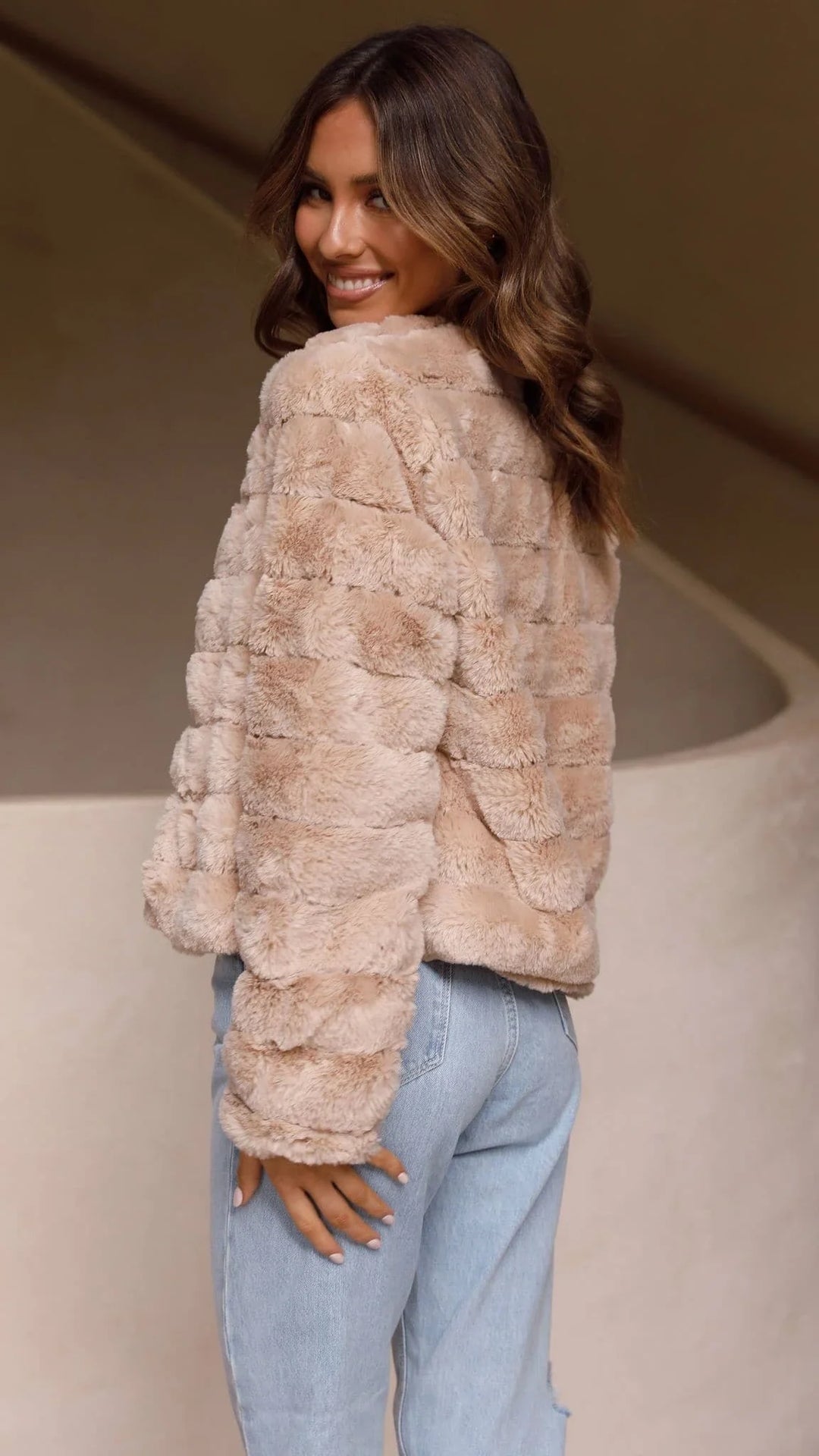 Women's Faux Fur Jacket with Open Front and Cropped Fit