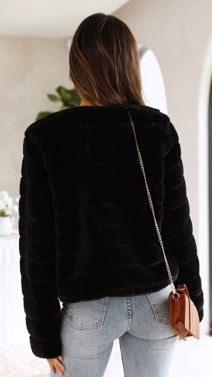 Women's Faux Fur Jacket with Open Front and Cropped Fit