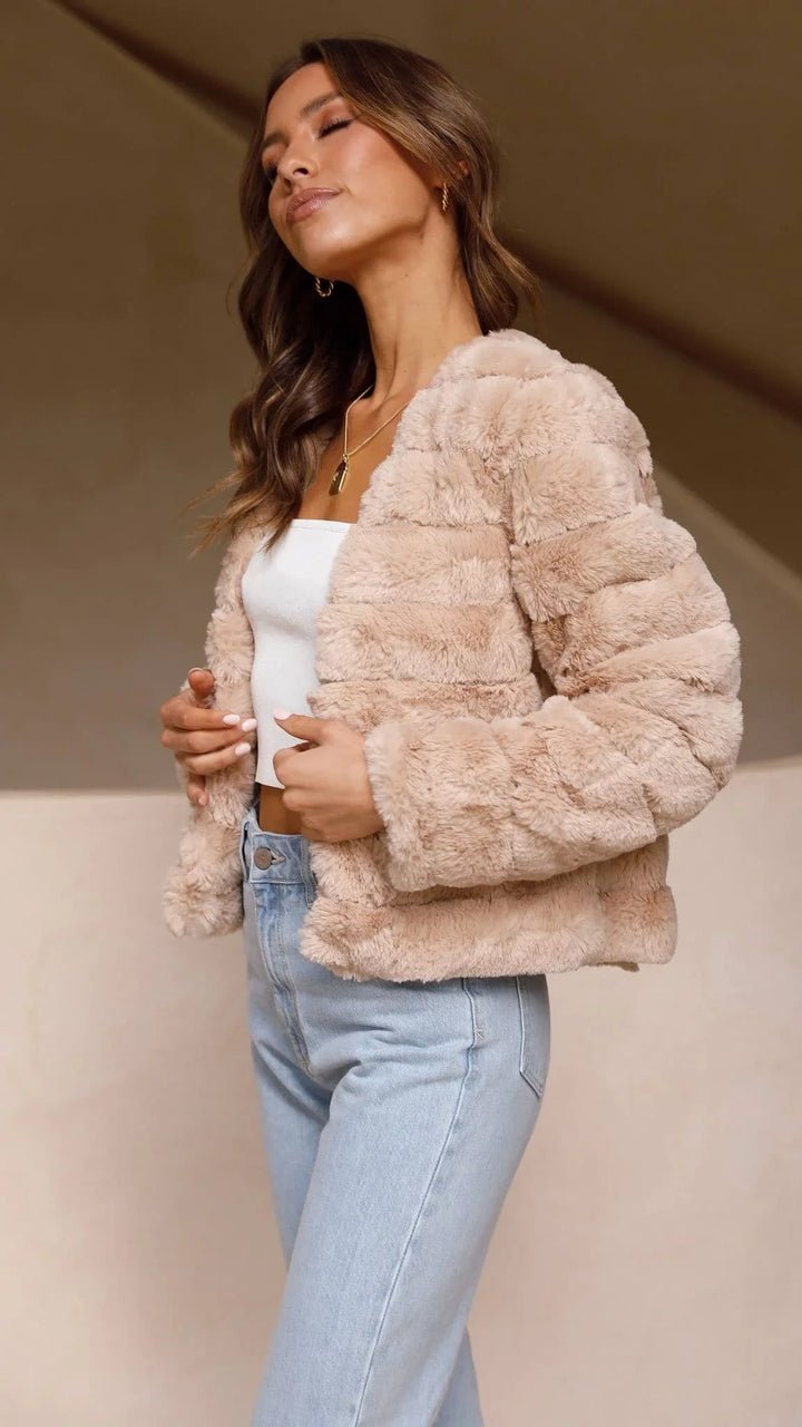 Women's Faux Fur Jacket with Open Front and Cropped Fit