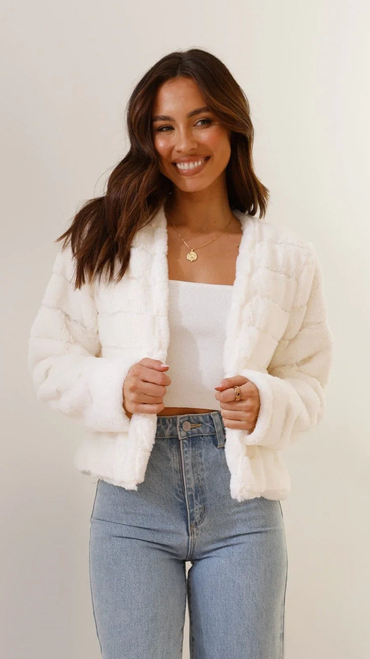 Women's Faux Fur Jacket with Open Front and Cropped Fit
