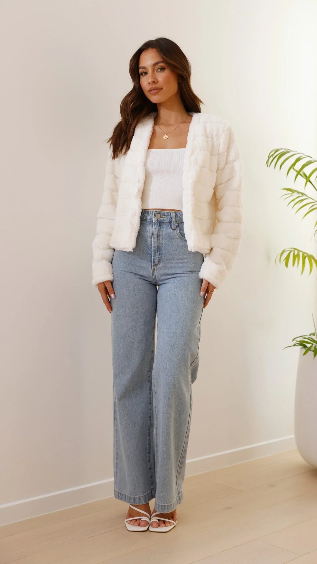 Women's Faux Fur Jacket with Open Front and Cropped Fit