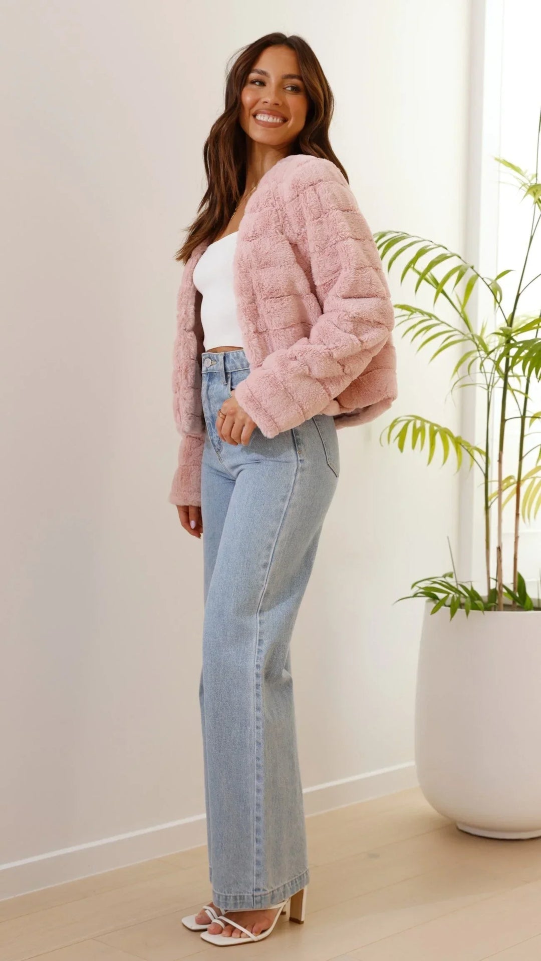 Women's Faux Fur Jacket with Open Front and Cropped Fit