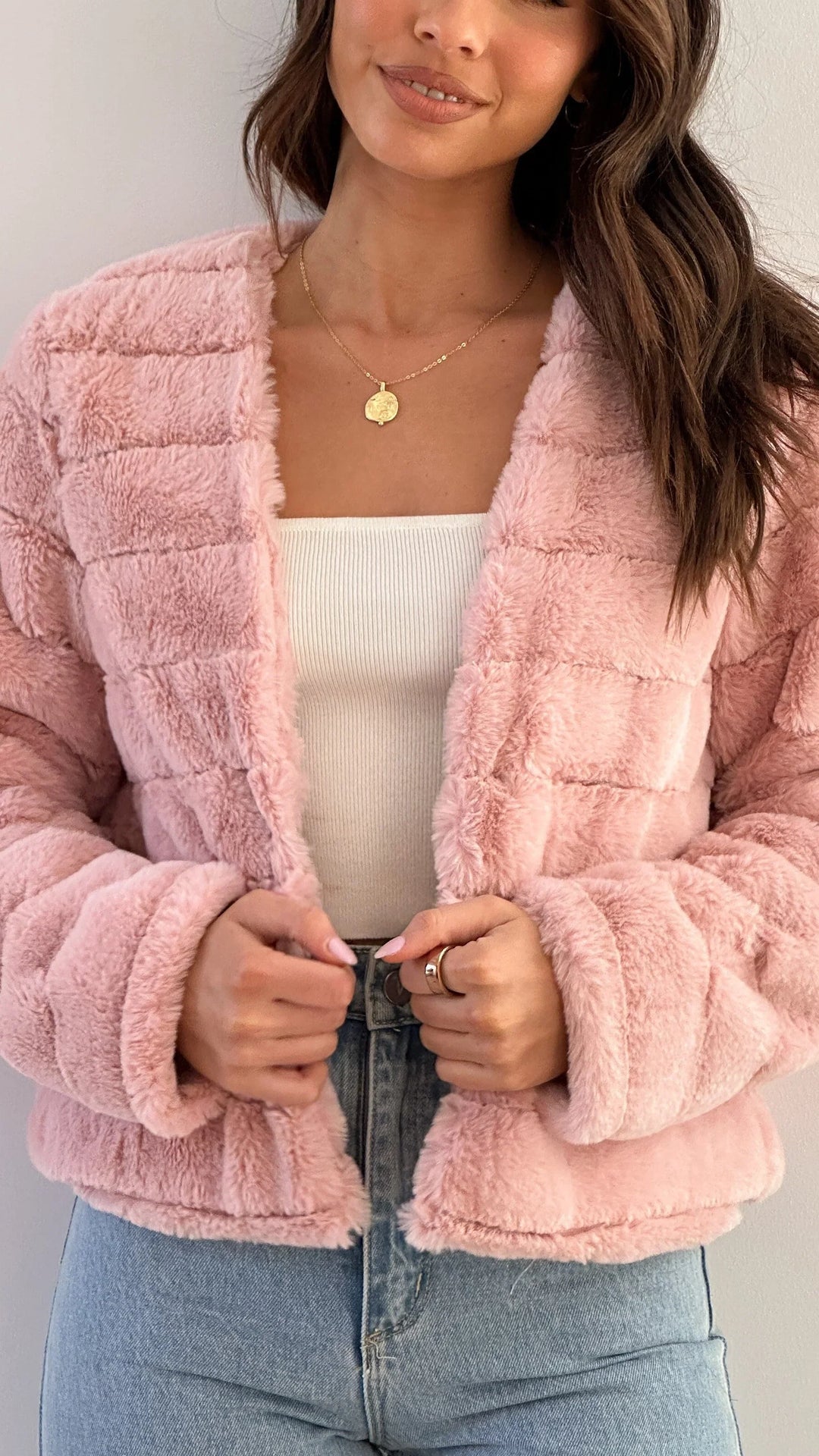 Women's Faux Fur Jacket with Open Front and Cropped Fit