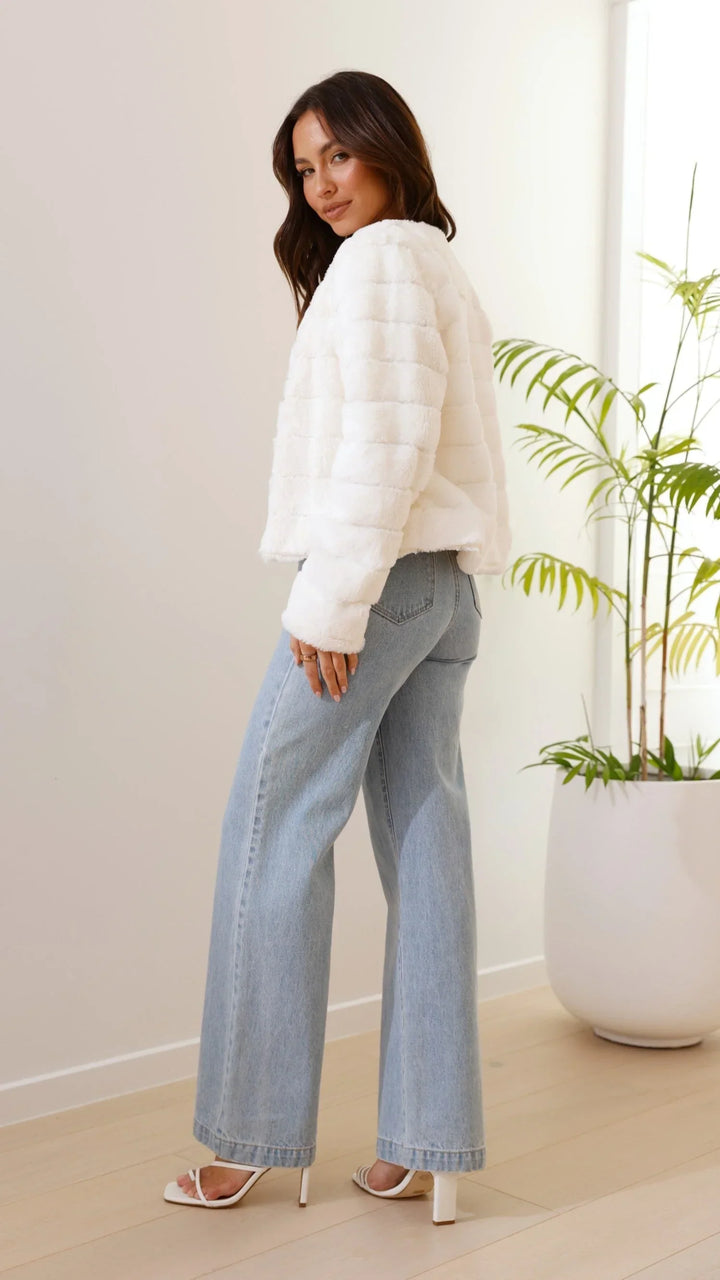 Women's Faux Fur Jacket with Open Front and Cropped Fit