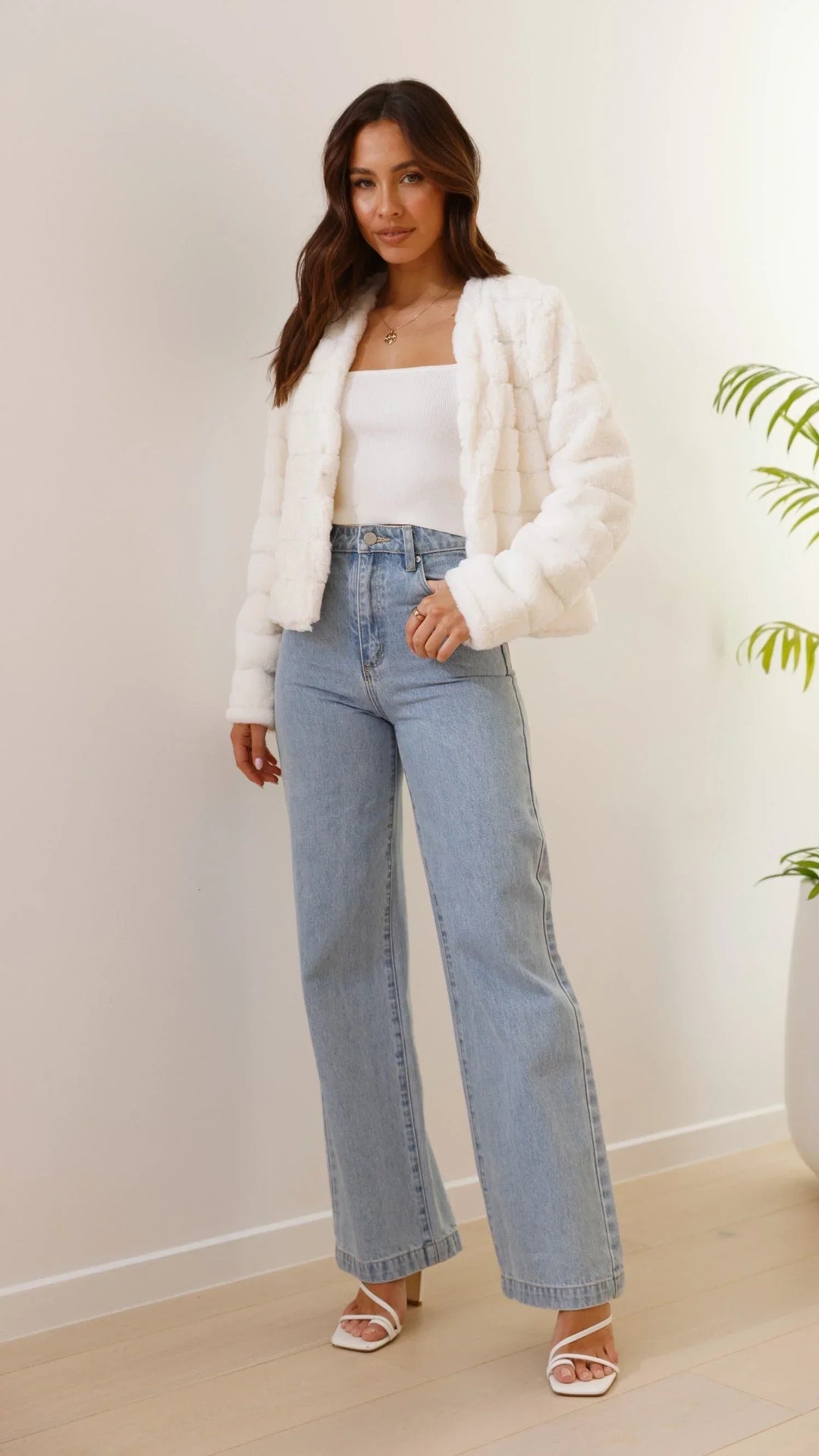 Women's Faux Fur Jacket with Open Front and Cropped Fit