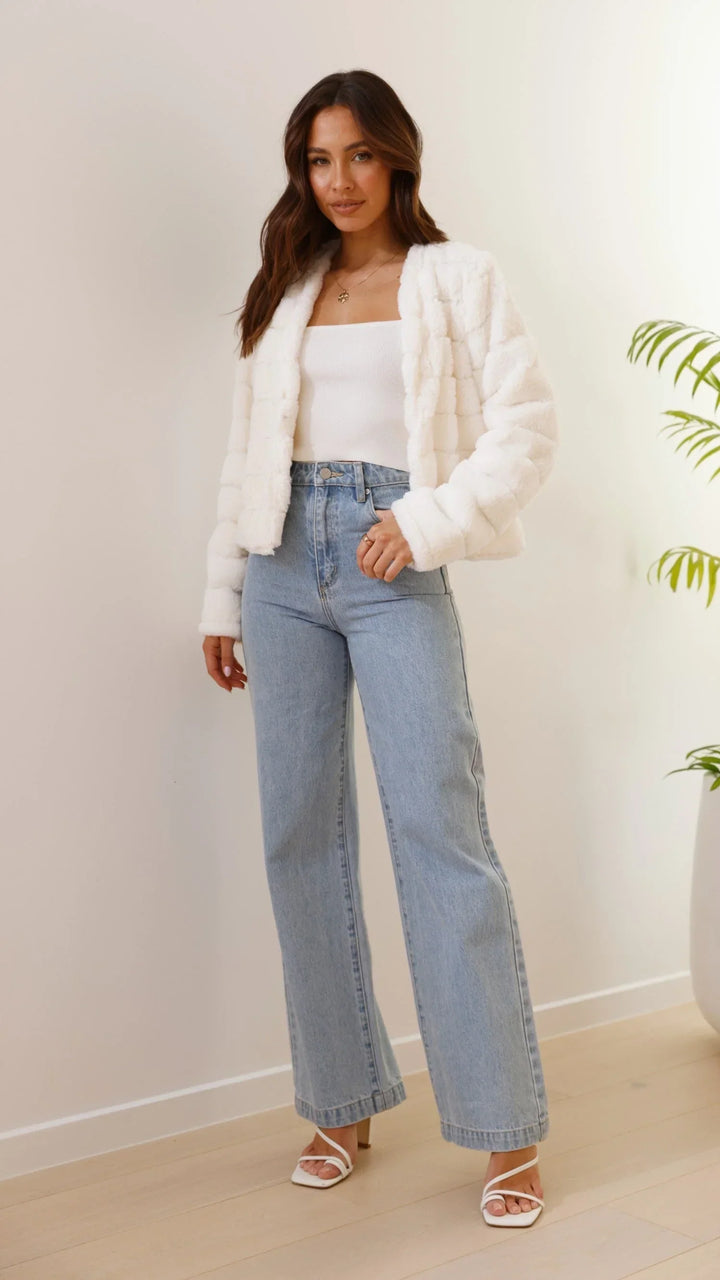 Women's Faux Fur Jacket with Open Front and Cropped Fit