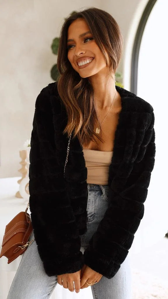 Women's Faux Fur Jacket with Open Front and Cropped Fit