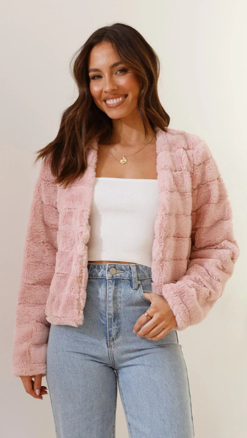 Women's Faux Fur Jacket with Open Front and Cropped Fit