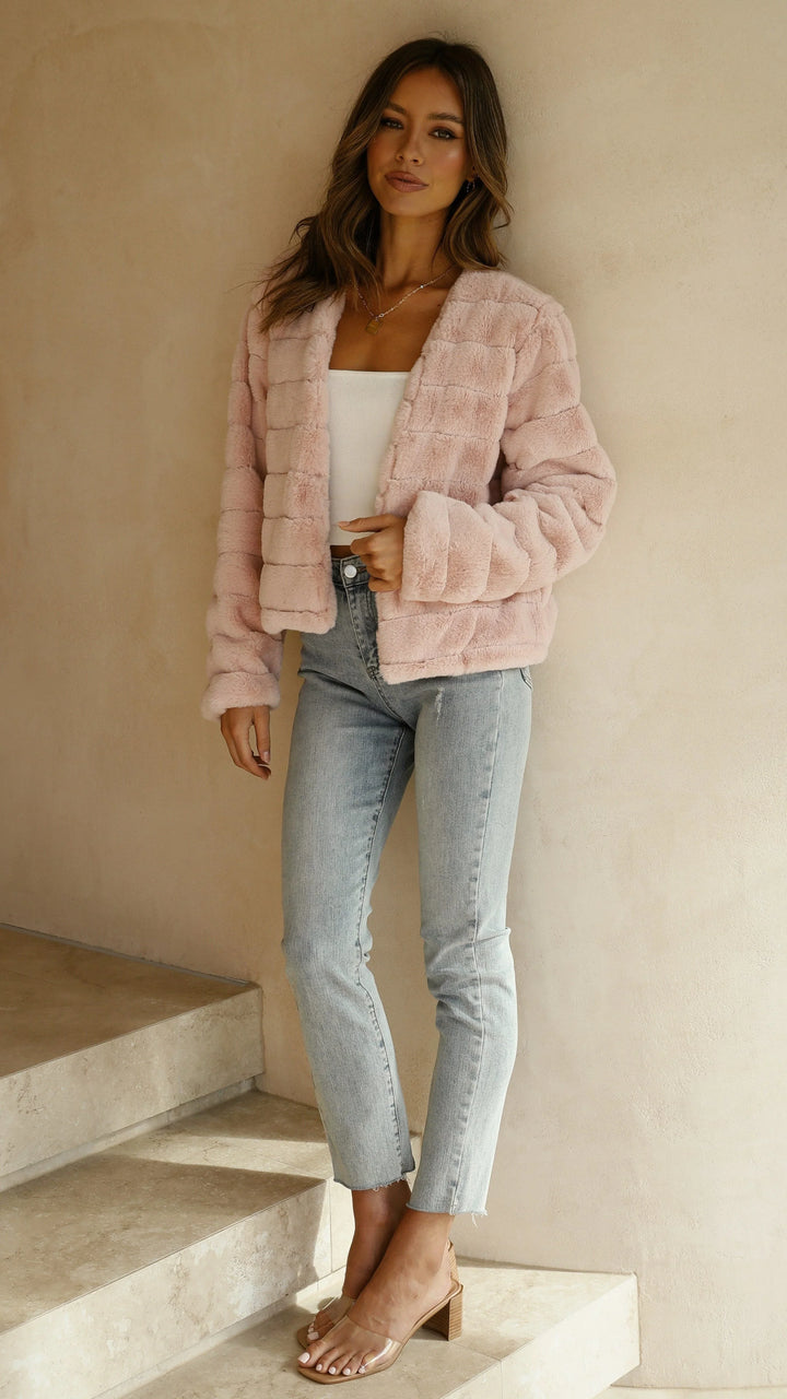Women's Faux Fur Jacket with Open Front and Cropped Fit