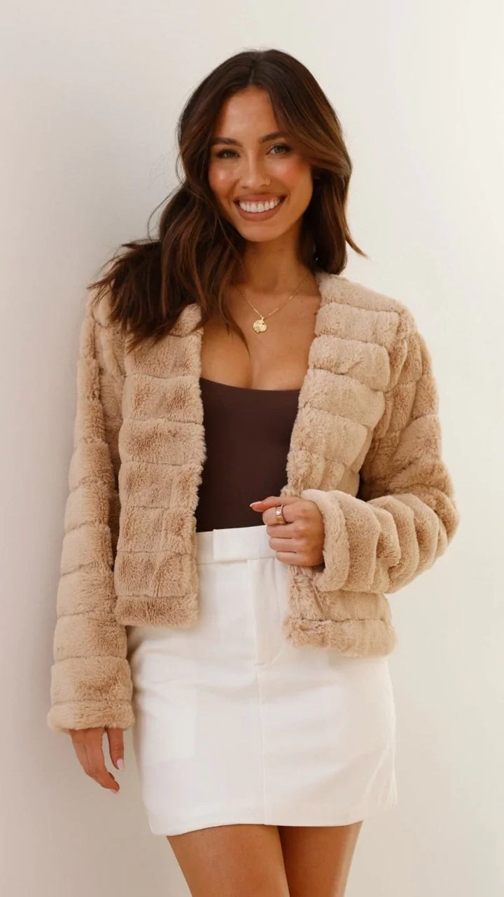Women's Faux Fur Jacket with Open Front and Cropped Fit
