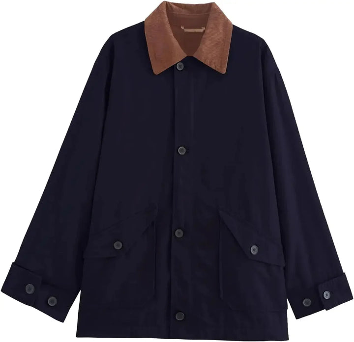 Women's Oversized Jacket with Contrast Collar and Button Front
