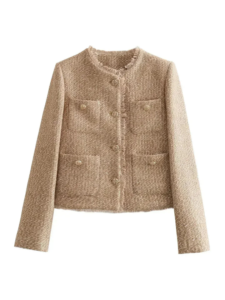 Womens Suede Jacket with High Neck Button Front and Patch Pockets