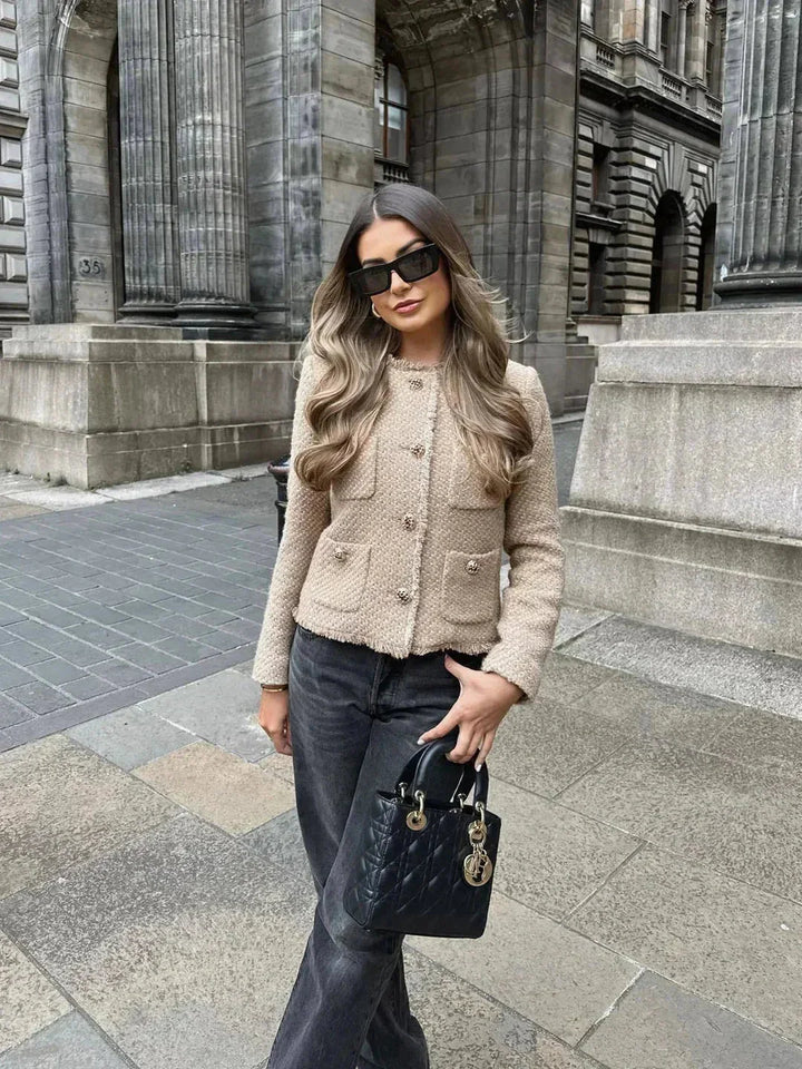 Womens Suede Jacket with High Neck Button Front and Patch Pockets
