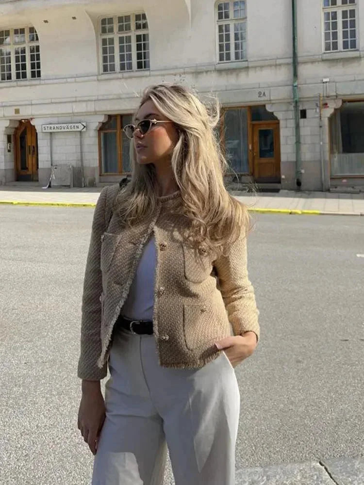 Womens Suede Jacket with High Neck Button Front and Patch Pockets