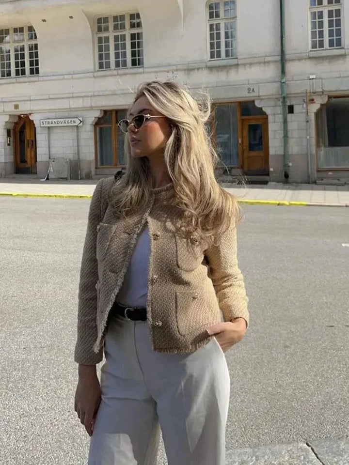 Womens Suede Jacket with High Neck Button Front and Patch Pockets