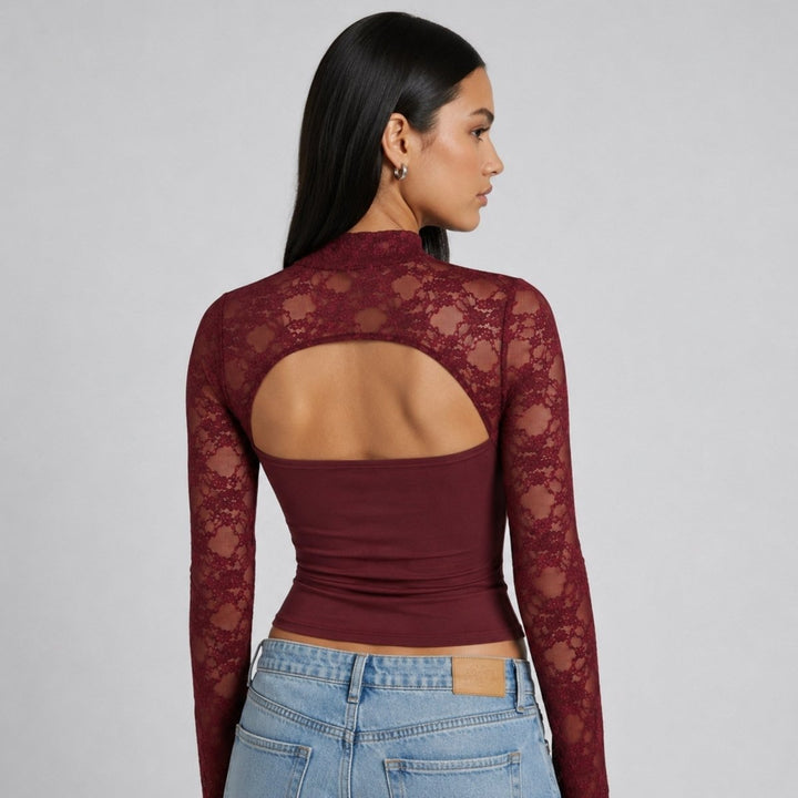 Lace Blouse Cut Out Mock Neck Bell Sleeve Sheer Elegant Evening Style