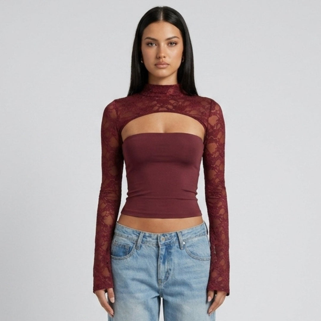 Lace Blouse Cut Out Mock Neck Bell Sleeve Sheer Elegant Evening Style