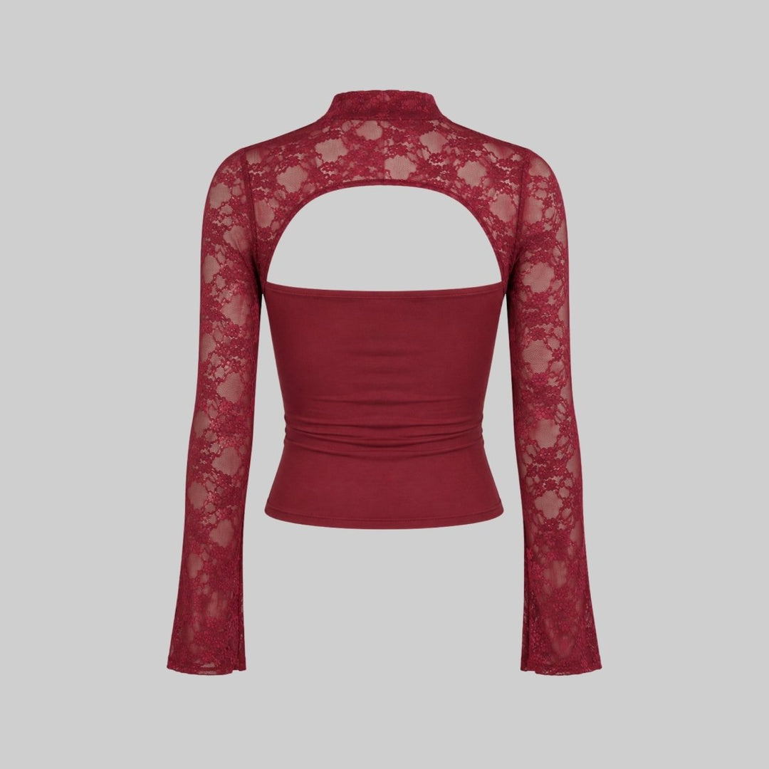 Lace Blouse Cut Out Mock Neck Bell Sleeve Sheer Elegant Evening Style