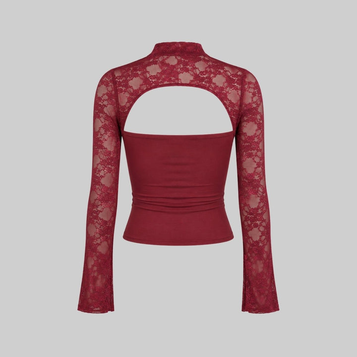 Lace Blouse Cut Out Mock Neck Bell Sleeve Sheer Elegant Evening Style