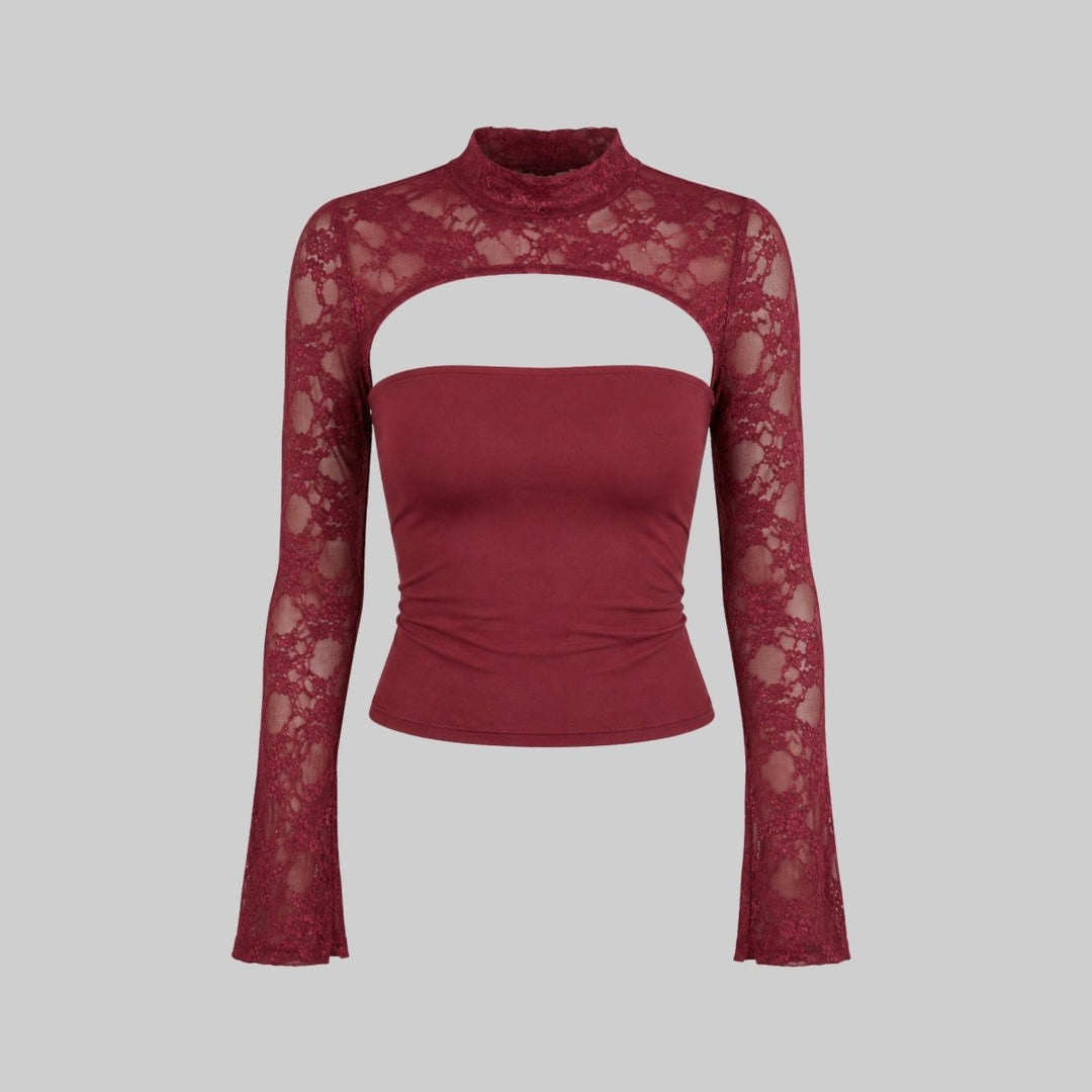 Lace Blouse Cut Out Mock Neck Bell Sleeve Sheer Elegant Evening Style