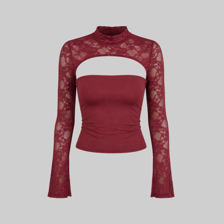 Lace Blouse Cut Out Mock Neck Bell Sleeve Sheer Elegant Evening Style