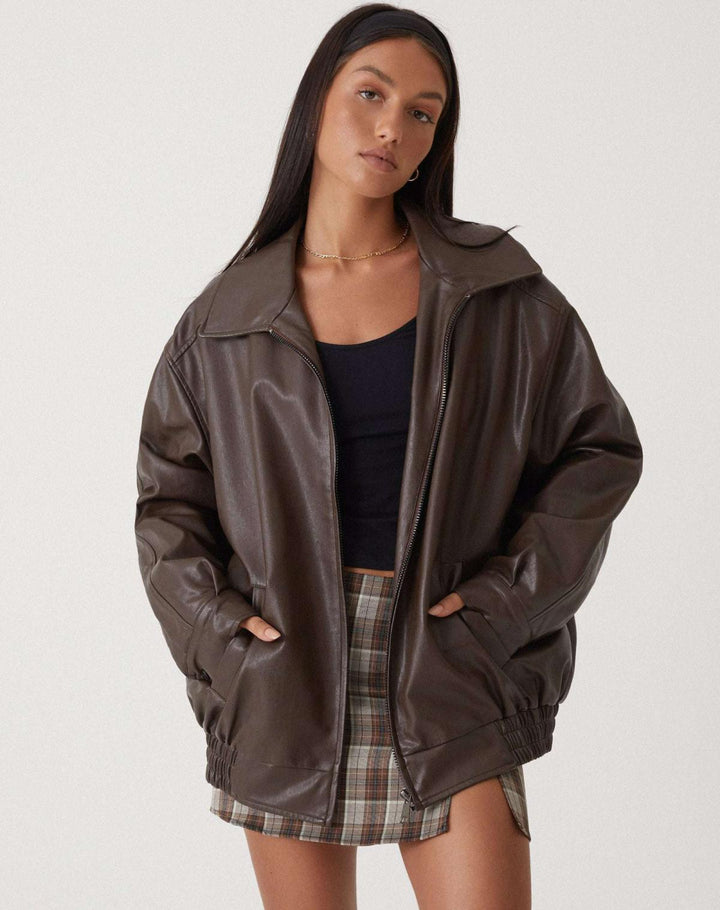 Womens Oversized Faux Leather Jacket with Zip Front and Drop Shoulders