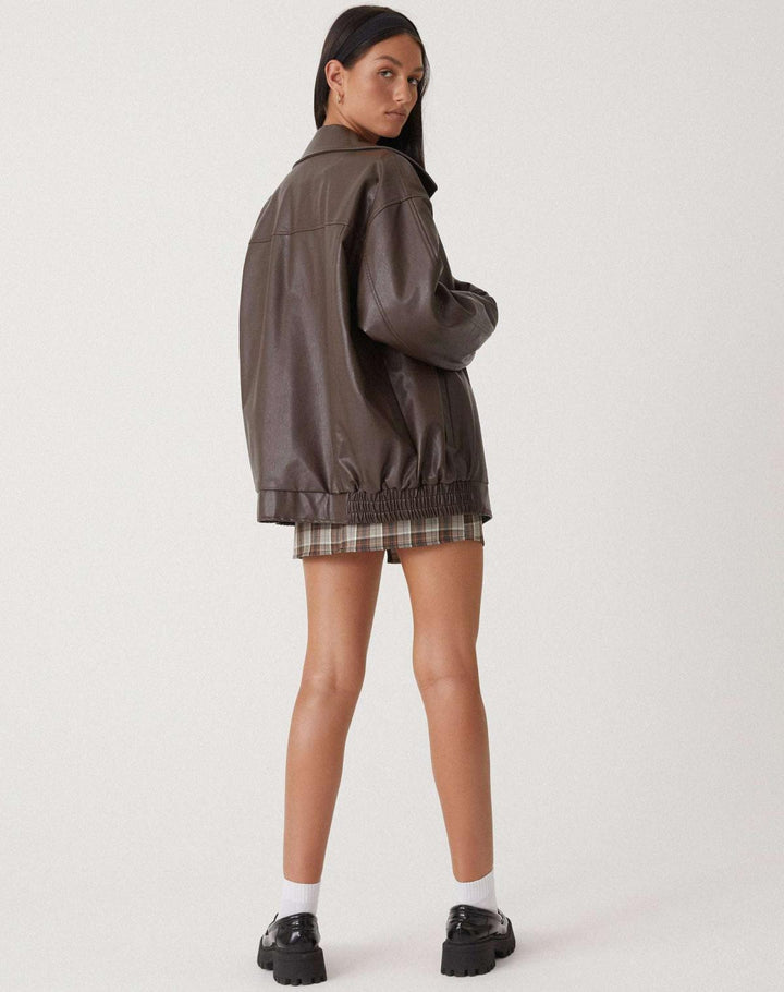 Womens Oversized Faux Leather Jacket with Zip Front and Drop Shoulders