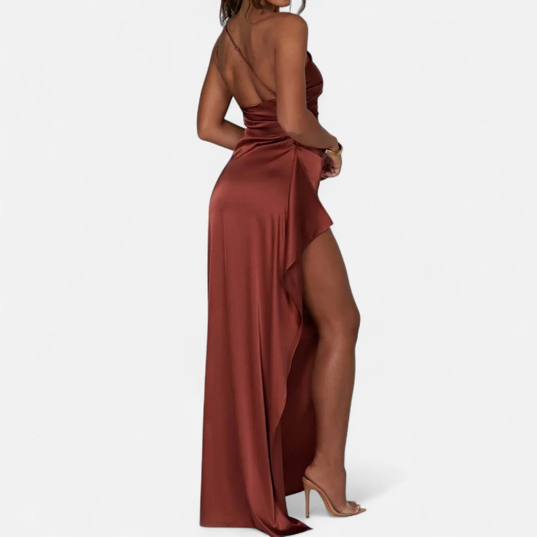 Asymmetrical Maxi Dress Draped Silhouette Elegant Flowing Evening Style