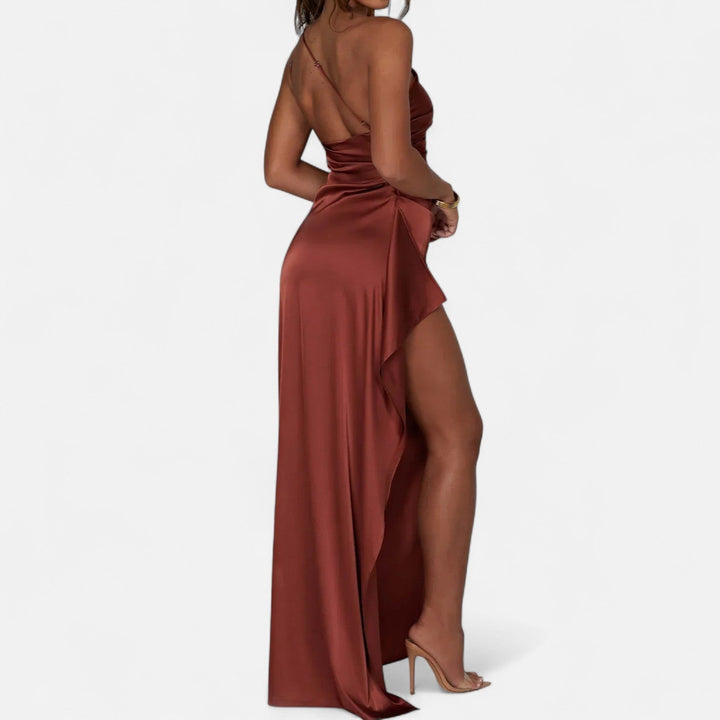 Asymmetrical Maxi Dress Draped Silhouette Elegant Flowing Evening Style