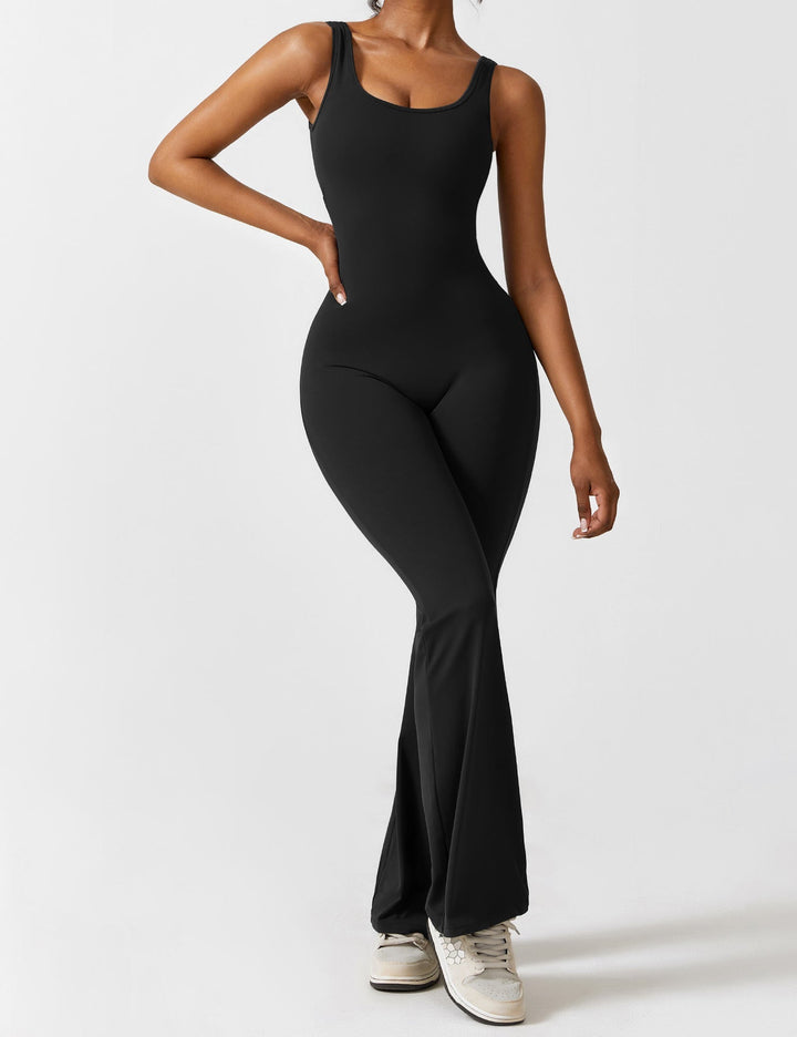 Jumpsuit V Neck Back Cutout Flared Leg Bodycon Fit Active Style