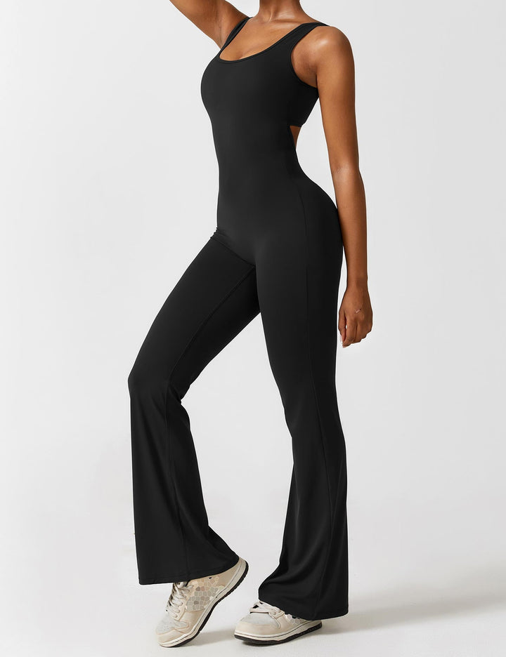 Jumpsuit V Neck Back Cutout Flared Leg Bodycon Fit Active Style