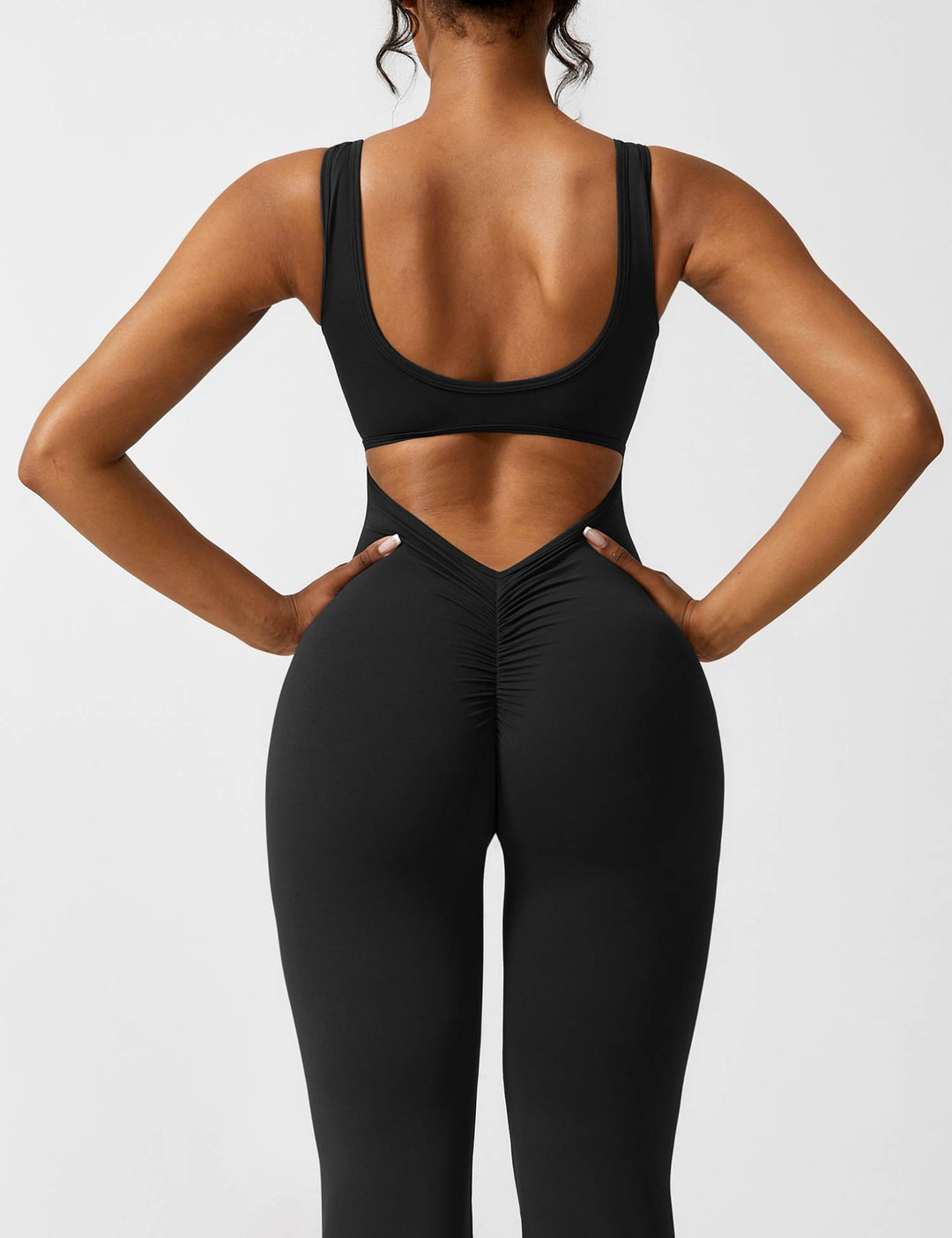 Jumpsuit V Neck Back Cutout Flared Leg Bodycon Fit Active Style