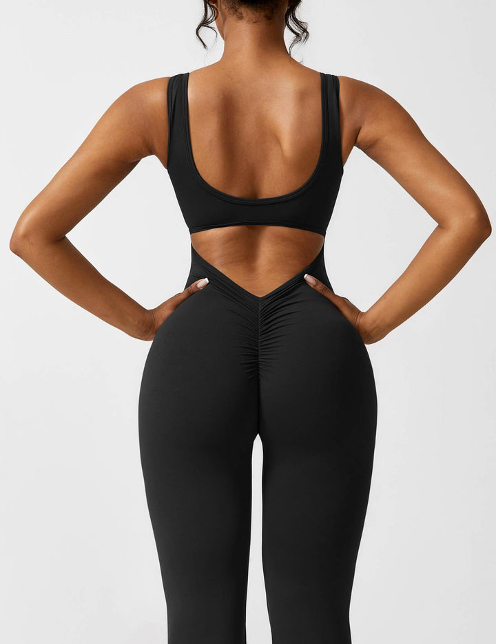 Jumpsuit V Neck Back Cutout Flared Leg Bodycon Fit Active Style