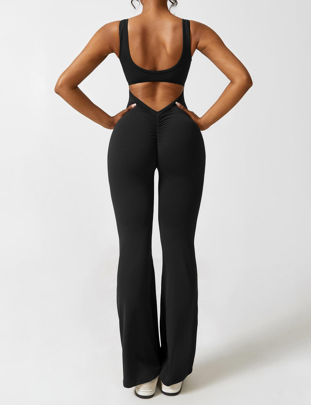 Jumpsuit V Neck Back Cutout Flared Leg Bodycon Fit Active Style
