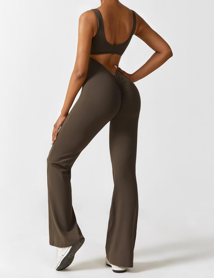 Jumpsuit V Neck Back Cutout Flared Leg Bodycon Fit Active Style
