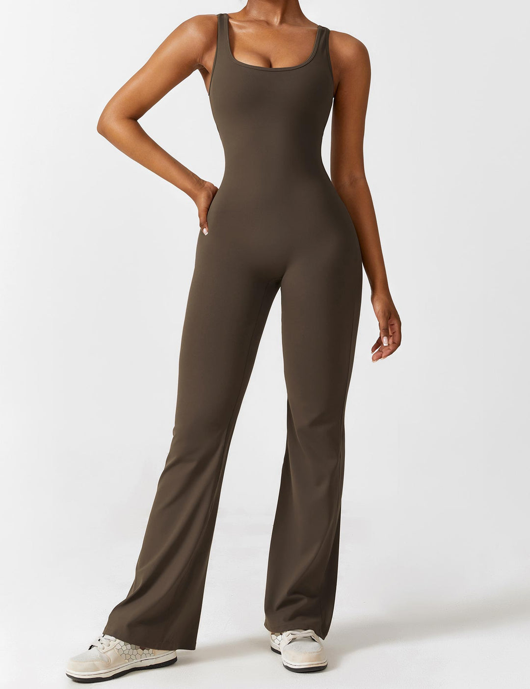 Jumpsuit V Neck Back Cutout Flared Leg Bodycon Fit Active Style