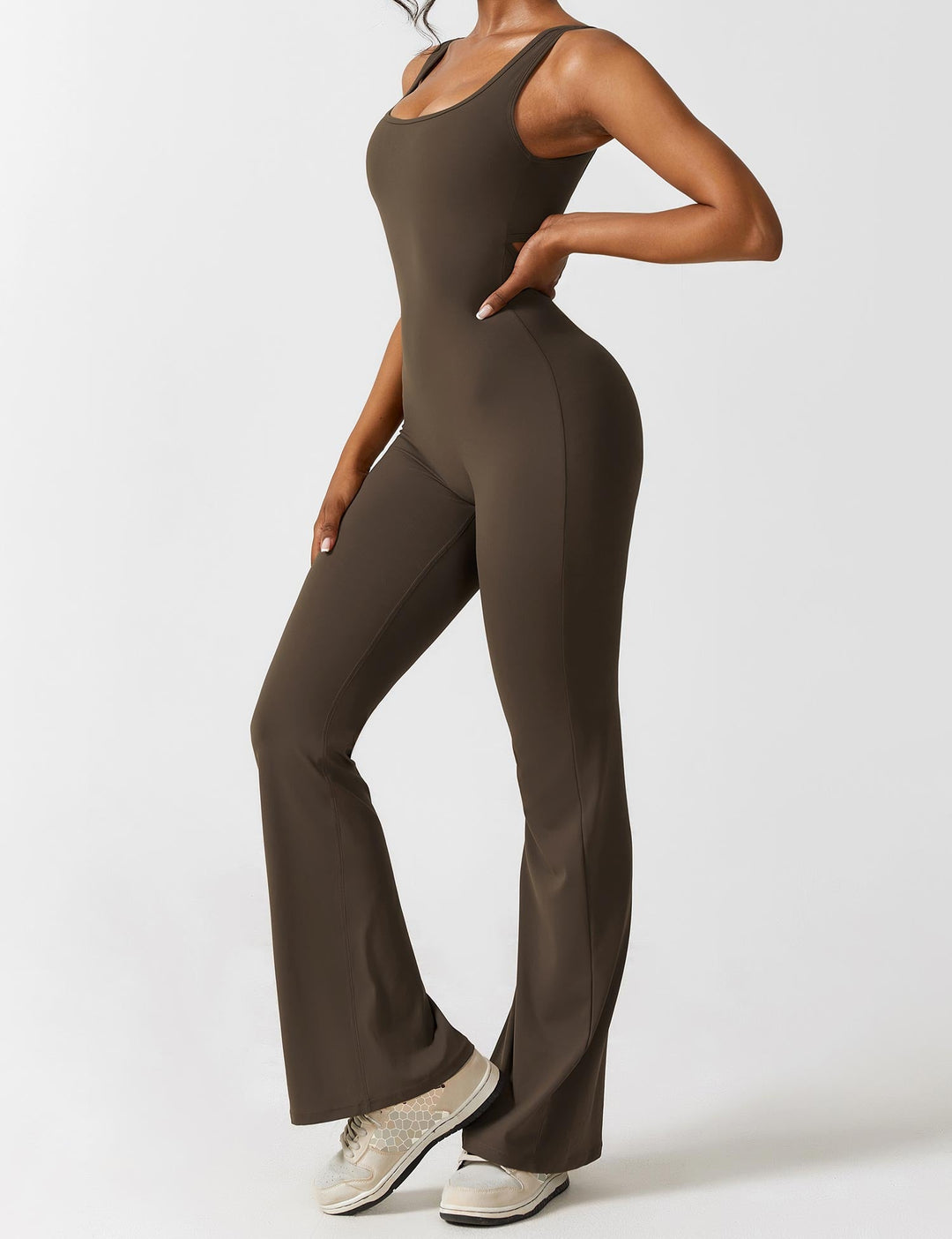 Jumpsuit V Neck Back Cutout Flared Leg Bodycon Fit Active Style