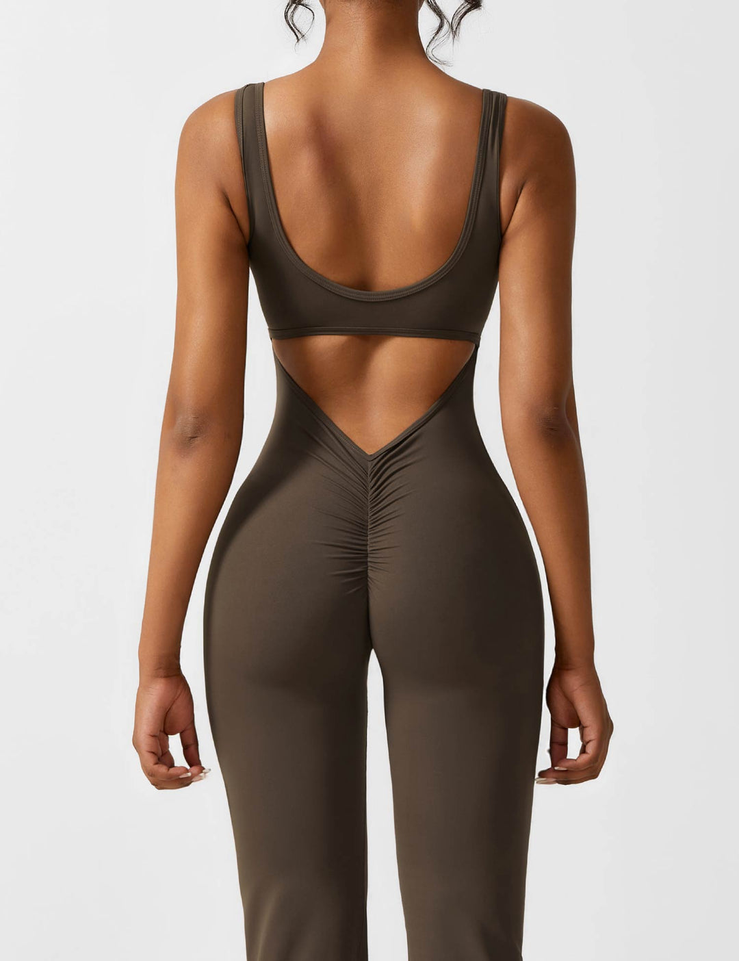 Jumpsuit V Neck Back Cutout Flared Leg Bodycon Fit Active Style
