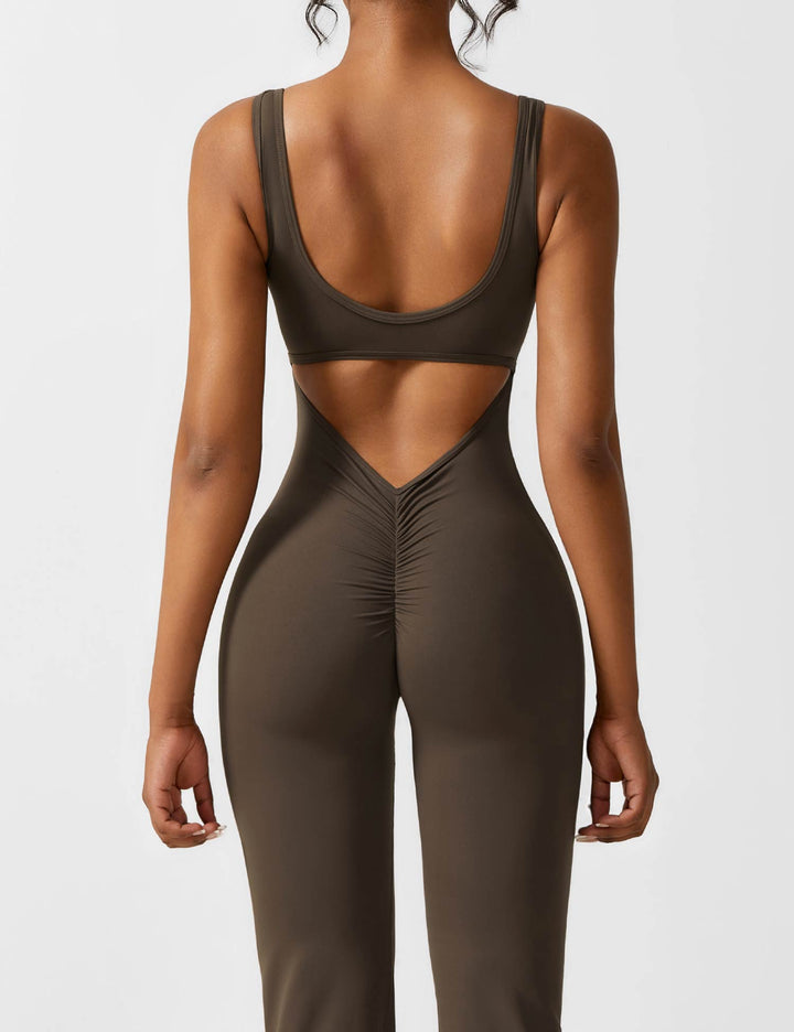 Jumpsuit V Neck Back Cutout Flared Leg Bodycon Fit Active Style
